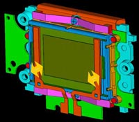 Diagram van de zelfreinigende sensor waarbij de richting van de verplaatsing van het optische laagdoorlaatfilter wordt aangegeven